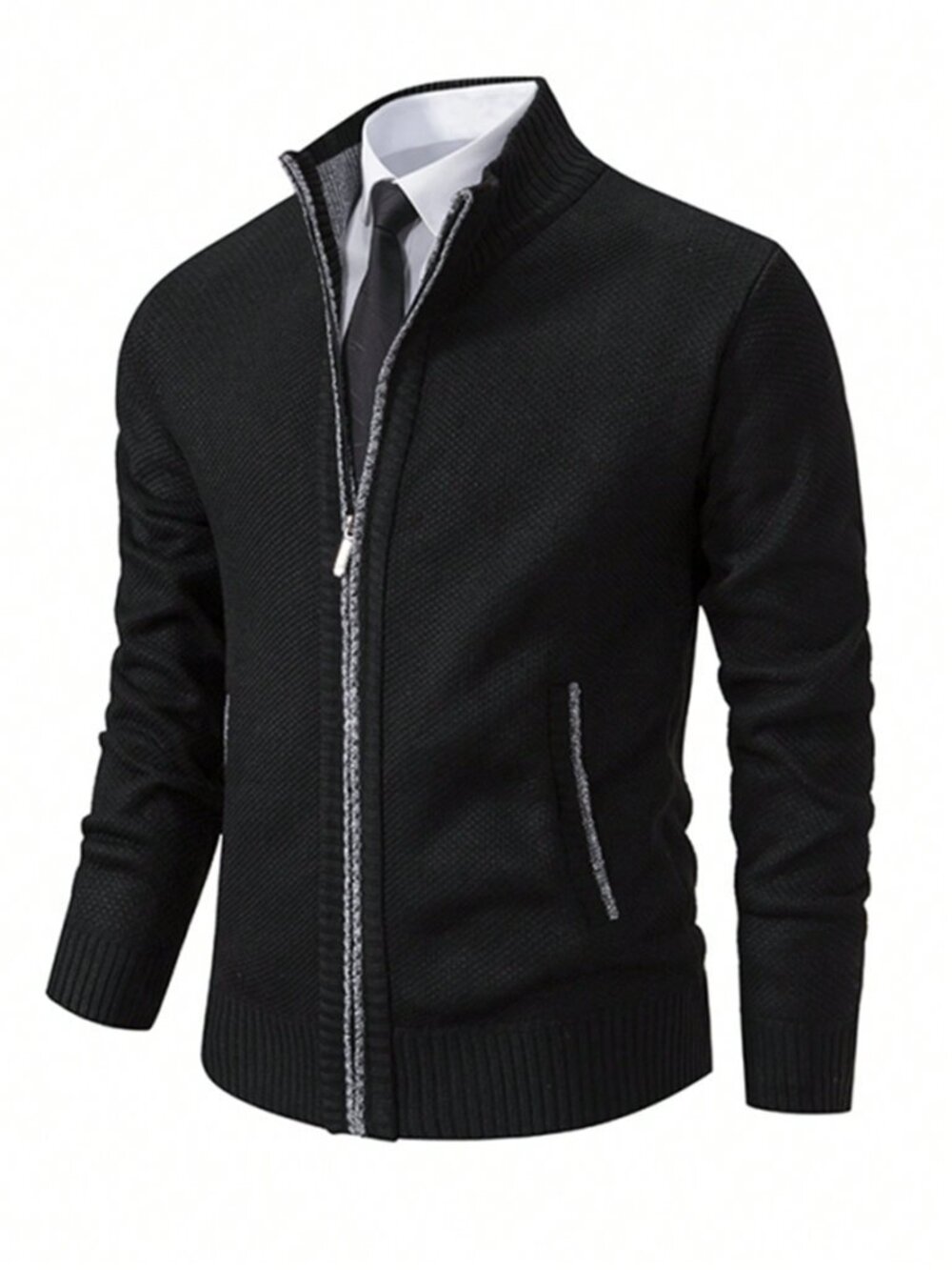 Black Casual Men's Long Sleeve Thermal Lined Sweatshirt Jacket